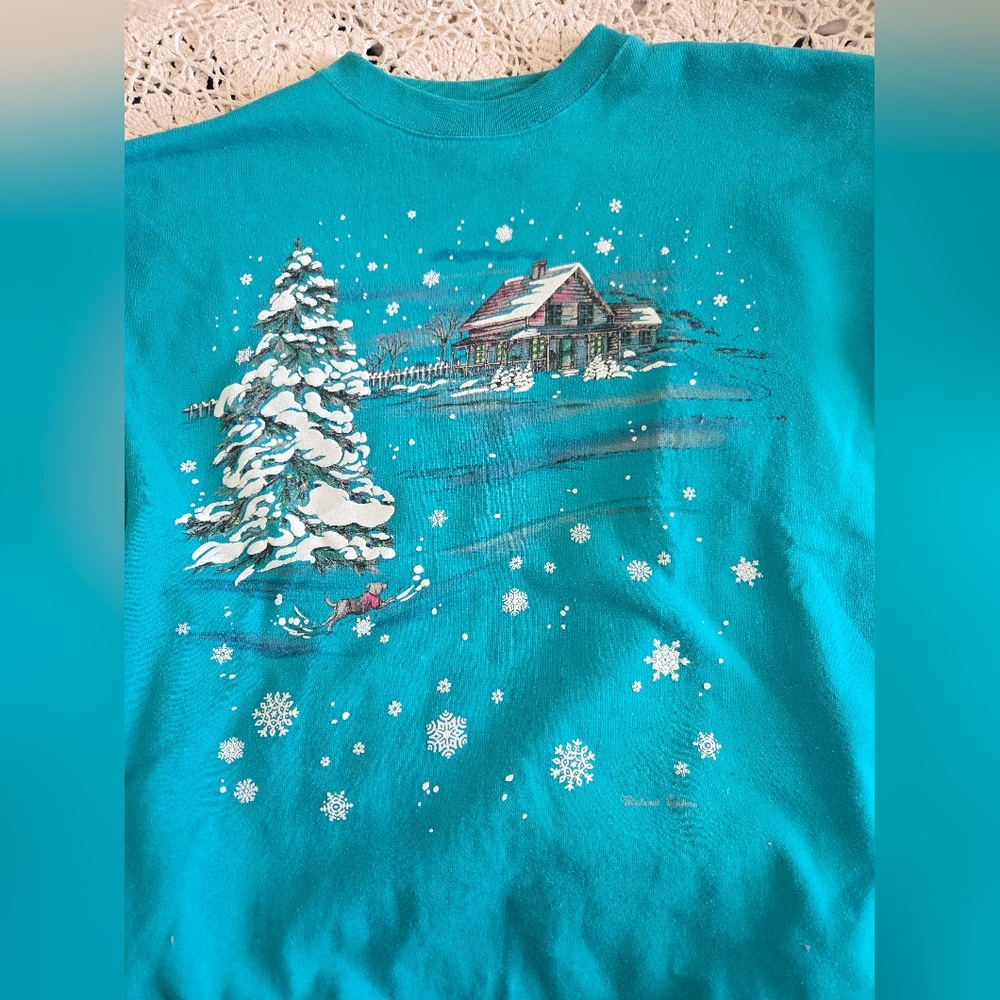 Vintage Weekend Edition Teal Cabin Snow Scene Sweatshirt 90s M - Picture 3 of 8